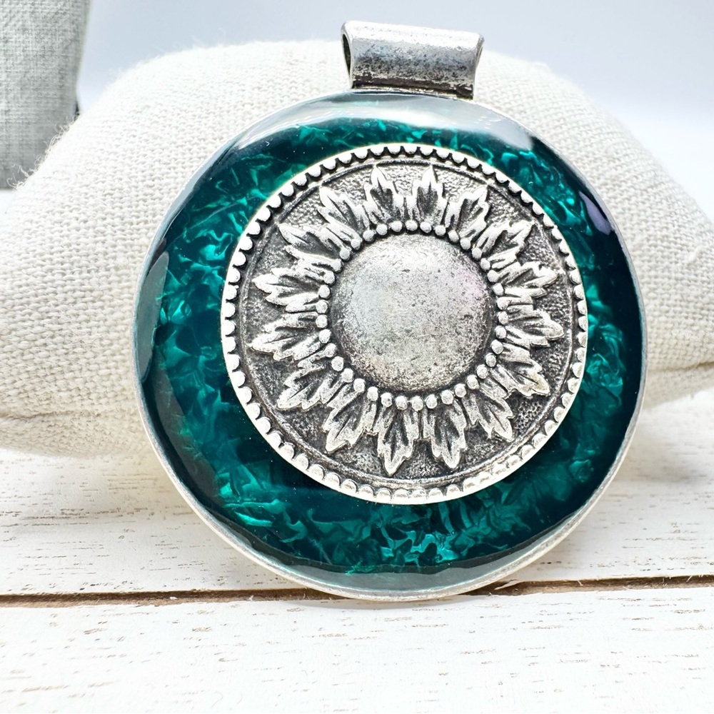 Vintage Stainless Steel Mandala Green Teal Glass Stone Pendant Large